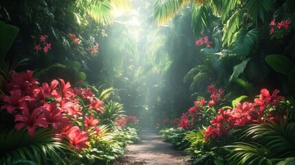 Lush tropical path with vibrant flowers and soft sunlight.