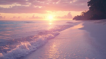 Wall Mural - Tranquil sunset scene with gentle waves lapping on a sandy beach.