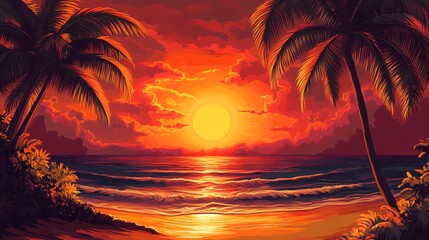 Sticker - Tropical beach sunset with palm trees and ocean waves.