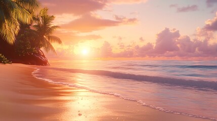 Tropical beach with palm trees at sunset.