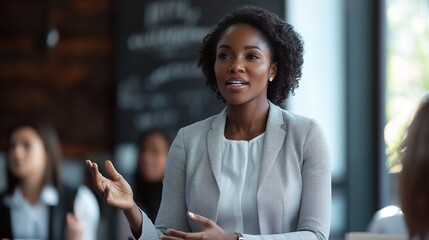 Wall Mural - A professional woman speaks confidently in a contemporary setting, engaging with an audience during a presentation or discussion.