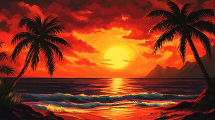 Sticker - Two palm trees stand on the shore of a tropical beach at sunset, with a large, golden sun in the sky above the water.