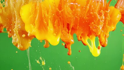 Poster - two colorful liquids are bursting towards each other and mixing on a green screen background, creati
