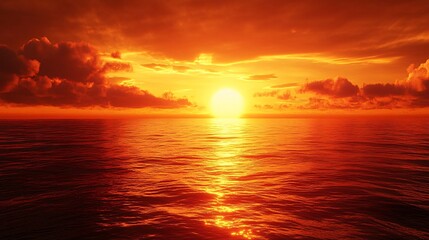 Vibrant sunset over the calm ocean with glowing light reflecting on the water.