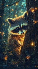 Wall Mural - A curious raccoon peeking out from a tree trunk, with a magical forest filled with glowing mushrooms and fireflies, stylized illustration, enchanting and playful 