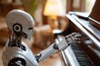© imlane - A humanoid robot playing a musical instrument, such as a piano or guitar, providing background music during a quiet evening at home, creating a warm and soothing ambiance in the living room