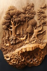 Wall Mural - A detailed carving of a forest scene, etched into a flat piece of wood. The trees, animals, and plants are all depicted in intricate detail