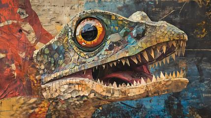 Mixed media collage of a fictional reptilian monster. Mixed Media Collage. Illustration