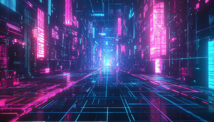 A retro-futuristic design with neon grids, VHS glitches, and pixelated elements, taking inspiration from 80s sci-fi movies and video games