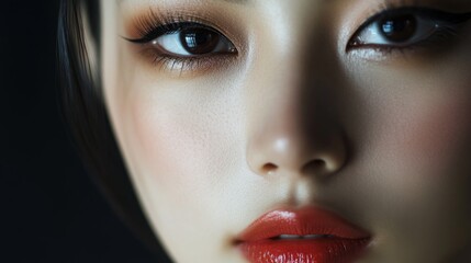 Canvas Print - Close-up of a Woman's Face with Bold Red Lips and  Intense Eyes