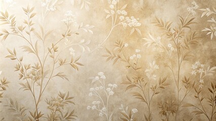 Wall Mural - Delicate floral pattern on a textured beige background, reminiscent of a vintage wallpaper design