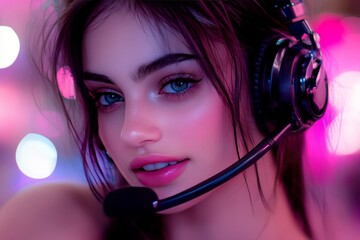 Portrait of a young woman wearing a headset in a glowing pink lit environment symbolizing digital communication tech driven creativity and modern sound interaction