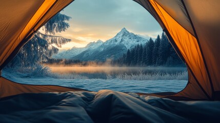 Wall Mural - Inside a Tent with a View of a Snowy Mountain Range and a Lake at Sunrise