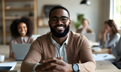 happy black man in casual attire smiling at the camera with colleagues in the background.