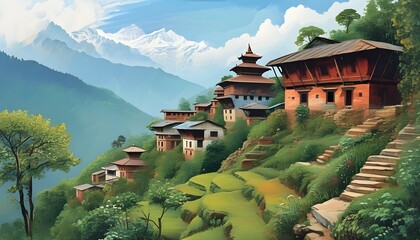 Sticker - Nepalese Style Ancient City Illustration Surrounded by Scenic Natural Landscape