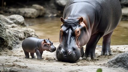 Wall Mural - Hippo Calf Enjoying Water with Parent