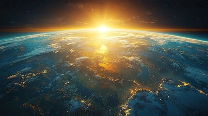 The sun shines over a detailed view of Earth, concentrating on Asia, India, the Himalayas, and Tibet, presented in a 3D illustration.