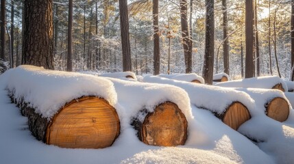 Poster - Snow-Covered Logs in a Sunlit Winter Forest