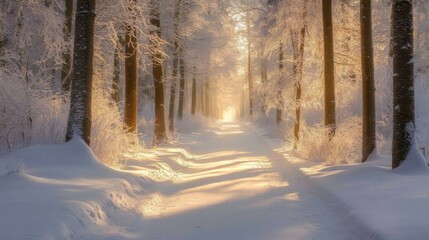 Wall Mural - Sunlit Path Through a Snowy Winter Forest