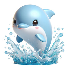 Wall Mural - A 3D cute little dolphin, water splashes, jumps out  isolated PNG