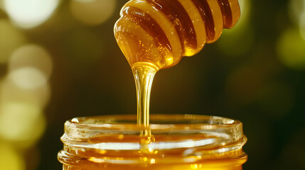 A close-up of a honey dipper dripping honey into a jar.