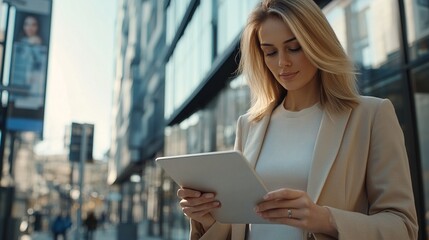 Wall Mural - A stylish woman is using a tablet in an urban setting, showcasing a blend of modern technology and city life.