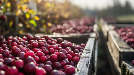 Freshly harvested red berries fill wooden crates in sunlit orchard, showcasing vibrant colors of natures bounty. scene captures essence of agricultural abundance and seasonal harvest