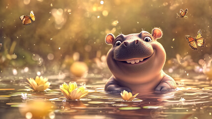 A baby hippo with a big smile, sitting in a pond with floating f