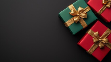 Colorful gift boxes wrapped with ribbons on a dark background, perfect for holiday celebrations and festive occasions.