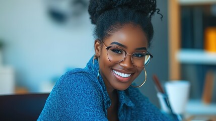 Sticker - A smiling woman wearing glasses, dressed in a cozy sweater, sitting in a modern workspace, exuding warmth and confidence.