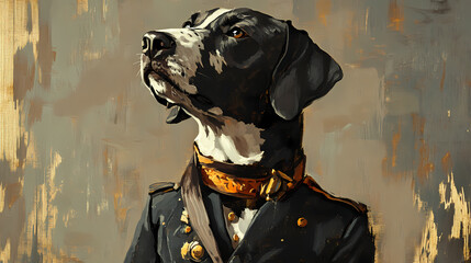 Wall Mural - Simulation of a classic oil painting of a dog in military clothing renaissance style. Renaissance Art. Illustration