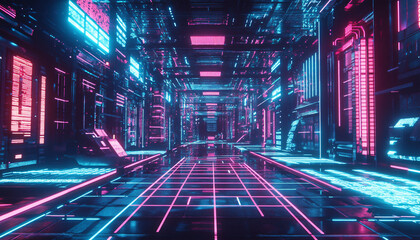 Wall Mural - A retro-futuristic design with neon grids, VHS glitches, and pixelated elements, taking inspiration from 80s sci-fi movies and video games