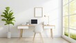 © suratin - Modern Home Office Desk with White Chair and Sunlight.