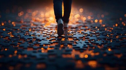 A person walks along a glowing puzzle-like path with bright, shimmering pieces creating a surreal ambiance. Creativity, Inspiration Concept