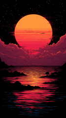 Wall Mural - A large orange sun sets over a dark, still body of water.