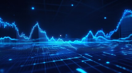 Poster - abstract blue data visualization with glowing lines and graphs against a dark background.