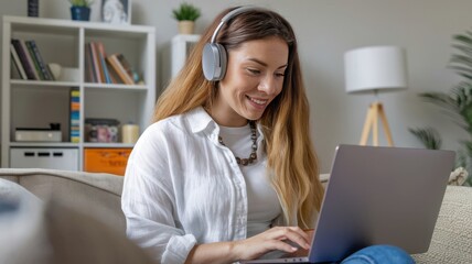 Side view smiling fun young IT woman in white shirt headphones listen music hold use work study laptop pc computer sit at table in coffee shop cafe restaurant indoor Freelance business concept