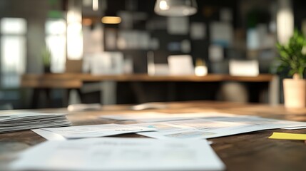 Wall Mural - A cozy workspace featuring scattered documents on a wooden table, with a blurred background of an inviting office environment.