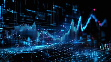 Poster - abstract data visualization with blue glowing lines and graphs on a dark background, showcasing digi