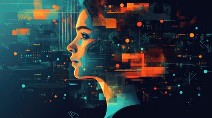 Wall Mural - Futuristic Artificial Intelligence Concept with Woman's Profile and Digital Data Interface