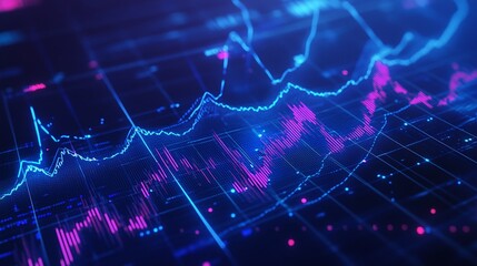 Poster - abstract data visualization with dynamic graphs and glowing lines on a dark background.