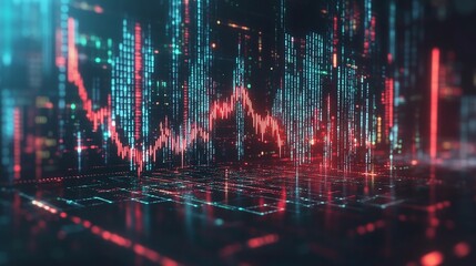 Poster - abstract data visualization with glowing graphs and charts on a dark background, representing financ