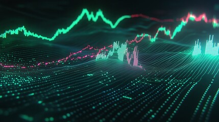 Poster - abstract data visualization with glowing graphs and lines in vibrant colors against a dark backgroun