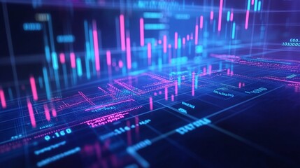 Poster - abstract data visualization with vibrant blue and pink blockchain graphs on a dark background.