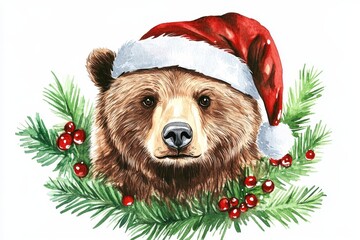 Watercolor illustration of a grizzly bear wearing a Santa hat, surrounded by Christmas greenery with red berries.  The bear's friendly expression evokes a sense of holiday cheer, making this a perfect