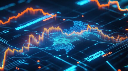 Poster - abstract data visualization with vibrant line graphs, showcasing financial trends on a dark backgrou