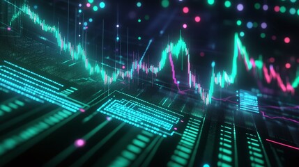 Poster - abstract data visualization with vibrant neon colors, showcasing a digital graph with glowing lines 