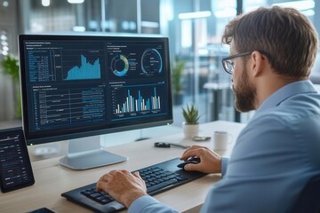 Manager reviewing performance metrics against SOP compliance data, computer screen displaying analytics