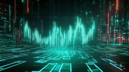 Poster - Abstract digital background with glowing green and red lines representing data visualization and sound waves.