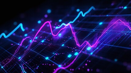 Poster - abstract digital background with vibrant neon lines representing data analytics and fluctuations.